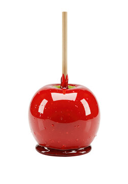 red candy apple with wooden stick isolated on white background.