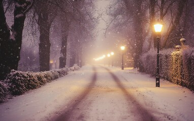 Obraz premium Snowy path, winter night, streetlights, falling snow, romantic scene, holiday card