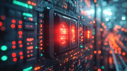 Futuristic server room data processing glowing red