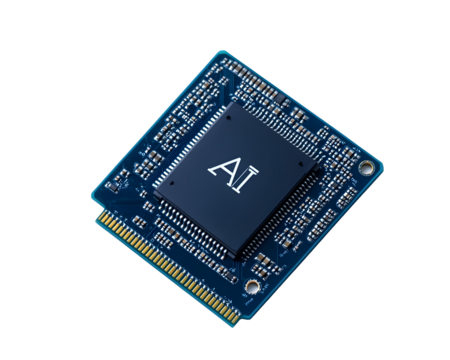 Blue CPU microchip with "AI" in the center, top view, showcasing advanced technology.