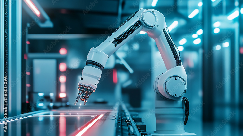 Poster A robotic arm in an advanced factory performing precision tasks, symbolizing automation, technological advancement, and modern manufacturing processes in a high-tech environment.