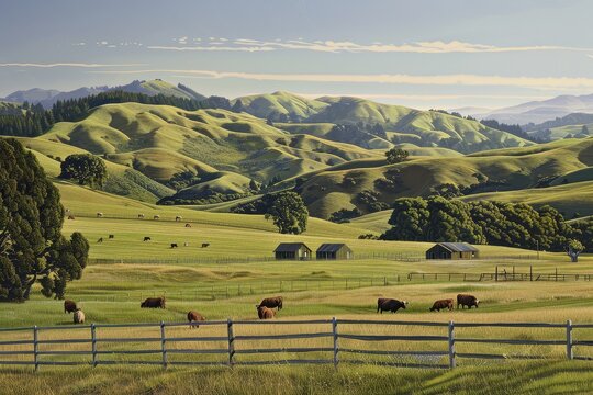 Beautiful rural landscape with a barn and grazing cattle during early morning light in a serene countryside setting
