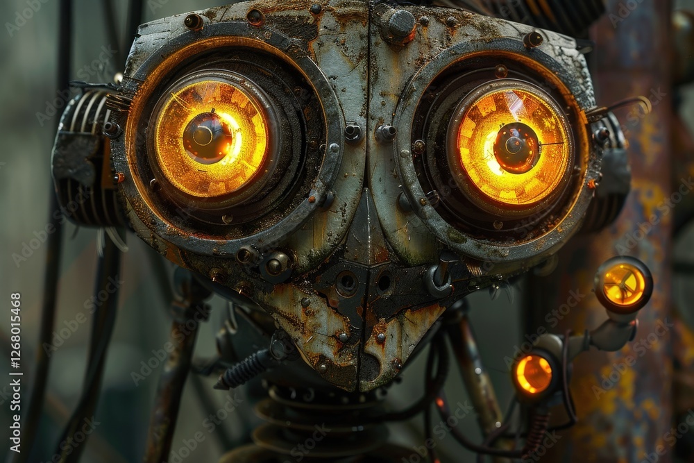 Poster detailed close-up of a robotic spider with glowing lights in a futuristic urban environment during n