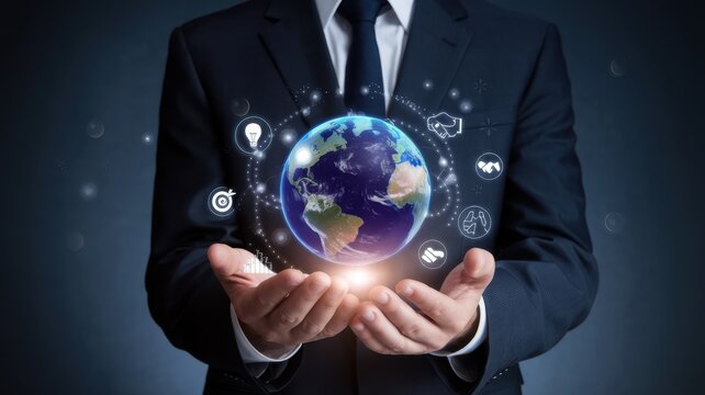 Businessman holds holographic earth surrounded by related digital icons - Powered by Adobe