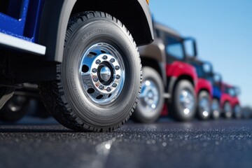 Row of trucks with focus on front wheel