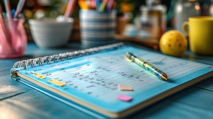 Fototapeta premium Blue planner, desk, appointments, home office, art supplies, scheduling, organization, planning, productivity, workday