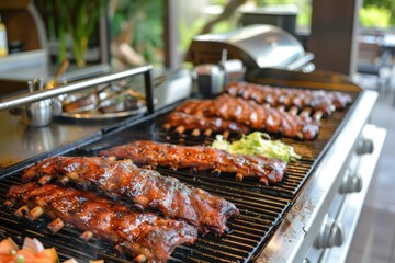 Juicy grilled meat served at a lively outdoor barbecue gathering in the evening, surrounded by friends enjoying the warm atmosphere