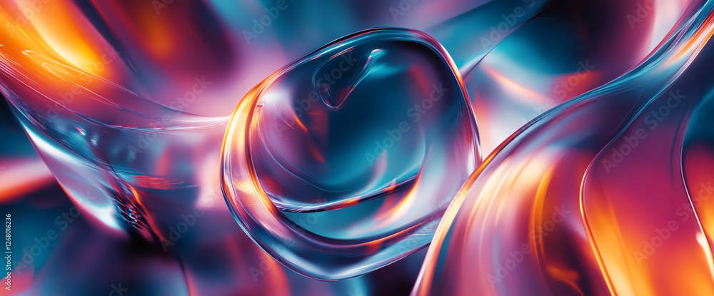 Poster abstract close-up of colorful, glossy, transparent fluid shapes with flowing curves and light reflec