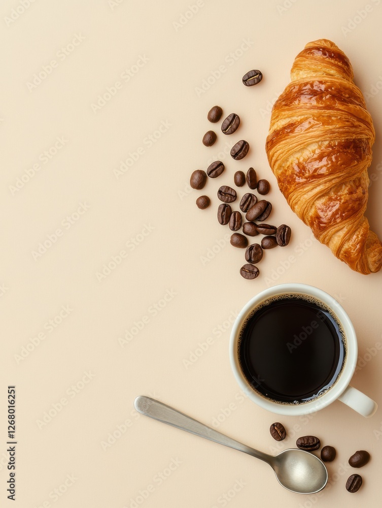 Poster enjoying morning coffee and croissant on a light background during a relaxing breakfast time. genera