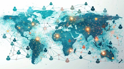 Global business landscape with diverse professionals analyzing data and exchanging insights, focusing on customer connections and HR recruitment