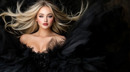 Stunning blonde woman in a black tulle gown.  Her long hair flows around her, creating a dramatic and elegant look.