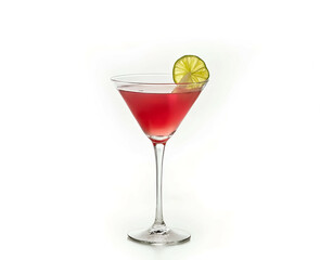 A cosmopolitan cocktail in a stemmed glass, with a deep pink hue and a lime twist garnish. Generative AI