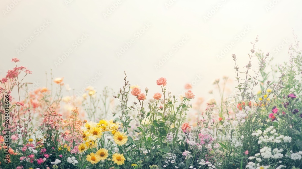 Aufkleber Colorful wildflower field in spring displaying a vibrant mix of blossoms under soft sunlight at golden hour. Generative AI