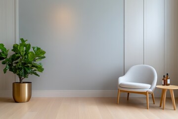 minimalist room interior with plant and chair.