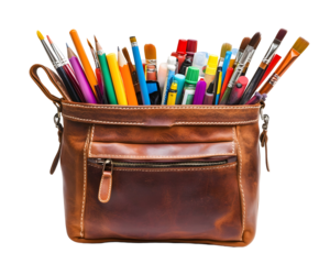 Brown leather bag filled with colorful art and education supplies, symbolizing creativity.
