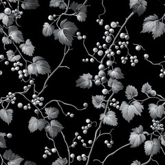 Seamless Pattern - Monochrome grapevine pattern on black background.