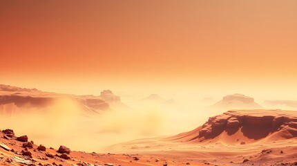 Mars Landscape with Fiery Orange Sky and Dusty Terrain in Red Planet Atmosphere Martian Scenery Space Exploration