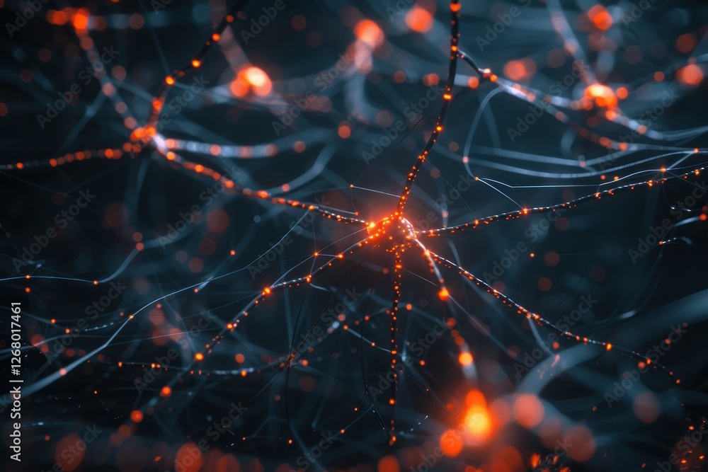 Aufkleber exploration of neural networks with vibrant connections and electric sparks glowing in a dark enviro
