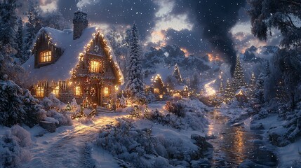 Snowy village Christmas eve, illuminated houses, winter stream, festive atmosphere, holiday card