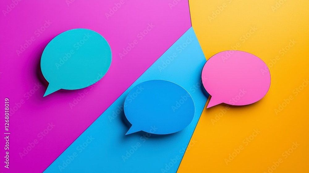 Poster this minimalist image presents three distinct speech bubbles in a mix of hues on a bright color divi