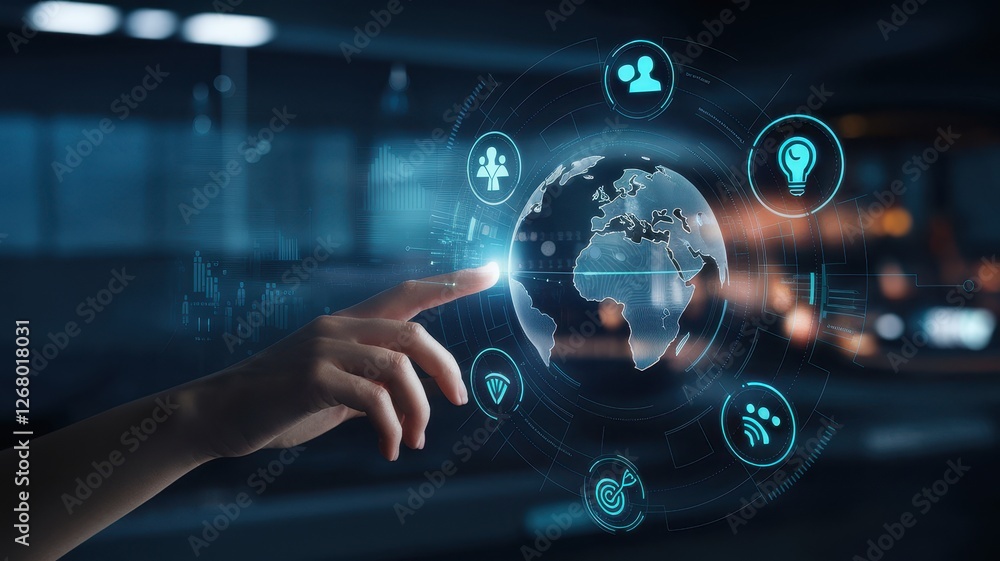 Poster hand interacts with a global technology interface and digital icons
