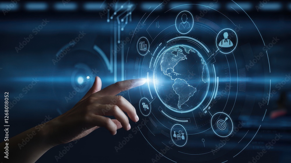 Poster finger interacting with a global network technology interface