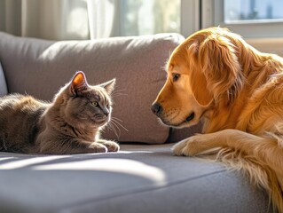 Adorable British Shorthair Cat and Loyal Golden Retriever Sharing a Heartwarming Moment in a Cozy Sunlit Home Environment with Playful Charm