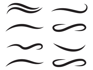 Vector swirl lines. Swash and flourish underlines. Hand drawn swish and swooshes. Calligraphic elegant vintage curved squiggles. Doodle fancy dividers on white background.