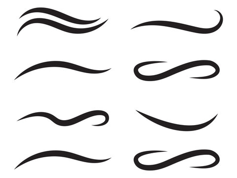 Vector swirl lines. Swash and flourish underlines. Hand drawn swish and swooshes. Calligraphic elegant vintage curved squiggles. Doodle fancy dividers on white background.