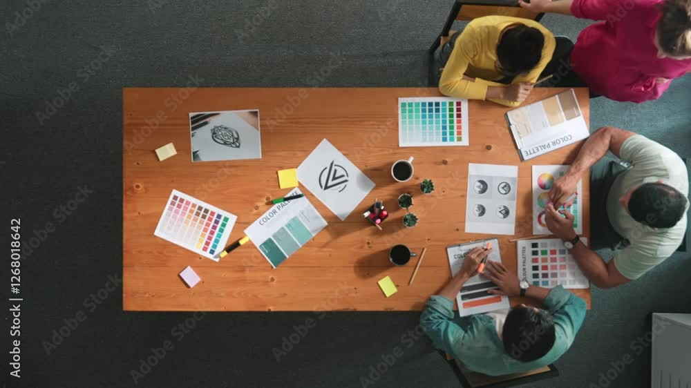 Poster top down aerial view of designer looking at tablet while project manager choosing color palettes. to