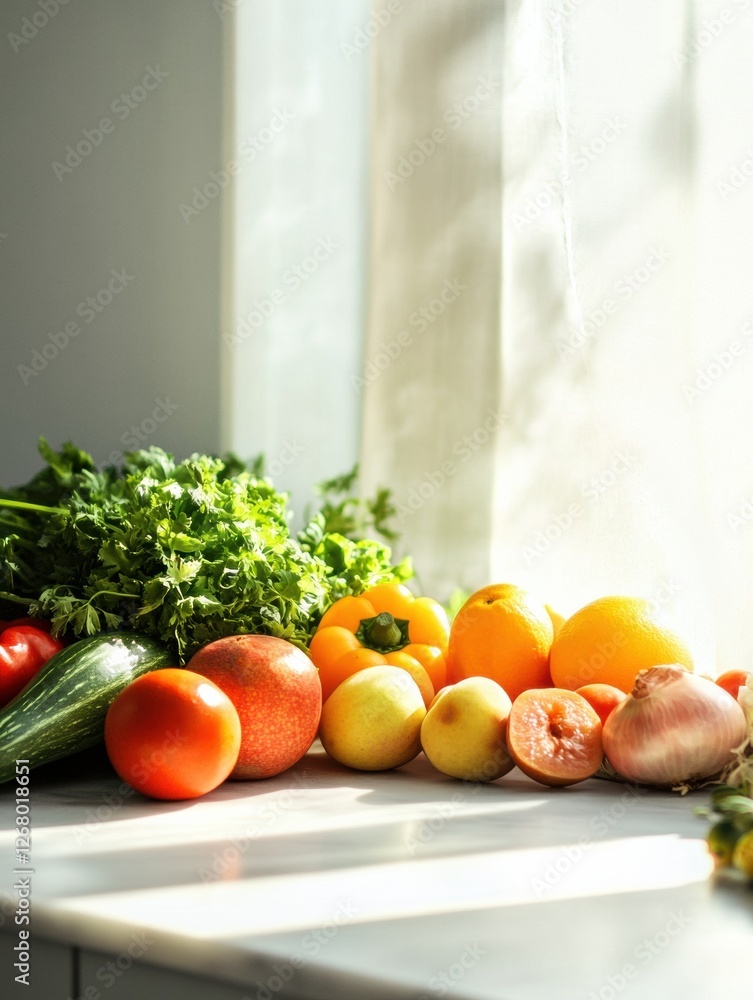 Poster fresh vegetables and fruits arranged on a countertop near a sunlit window in a cozy kitchen setting.