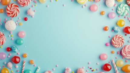 Candylicious: An enticing frame of assorted candies including lollipops, gum balls, sprinkles, and candy canes set against a bright blue background provides a playful.