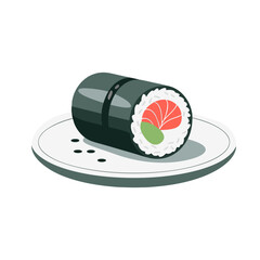 Sushi Roll with Seaweed Wrapping and Salmon Filling, Japanese Food Illustration, Hand-Drawn Cartoon Vector, Asian Cuisine, Fresh Seafood Clipart for Stickers, Menus, Prints, and Digital Art