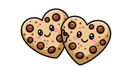 Cute Heart-Shaped Chocolate Chip Cookies with Smiley Faces, Kawaii Cartoon Food Illustration, Adorable Dessert Vector, Sweet Bakery Clipart for Stickers, Prints, Sublimation, and Digital Art