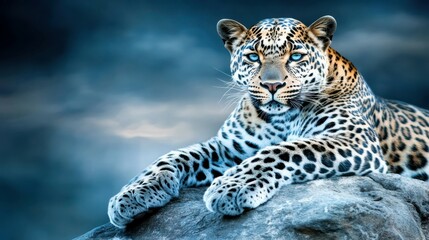 Fototapeta premium Leopard in the Twilight: A majestic leopard with piercing blue eyes and a striking spotted coat, rests confidently on a rock against a backdrop of a stormy sky. Its gaze is captivating.