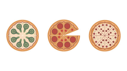 Fototapeta premium Three Pizzas with Different Toppings, Flat Vector Illustration of Tasty Italian Food with Cheese, Pepperoni, and Vegetable Garnish 