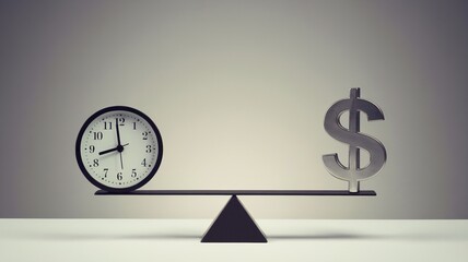 A balanced scale features a clock and a dollar sign, symbolizing the value of time versus money.