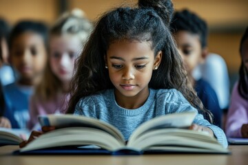 A diverse group of elementary students engrossed in reading and studying, with a young girl in focus, creating an atmosphere of academic learning and engagement.