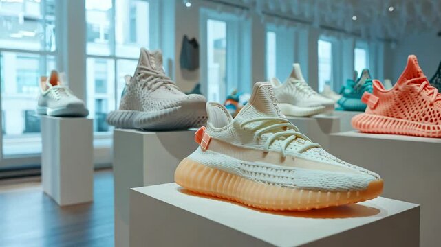 A vibrant selection of trendy sneaker designs displayed in a modern retail setting