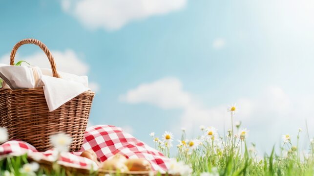 Picnic Basket in a Field of Flowers: A charming picnic basket, brimming with delights, rests on a checkered blanket amidst a vibrant field of daisies, basking in the warmth of a bright summer day.