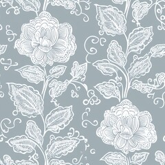 Seamless Pattern - Elegant floral pattern in soft gray and white.
