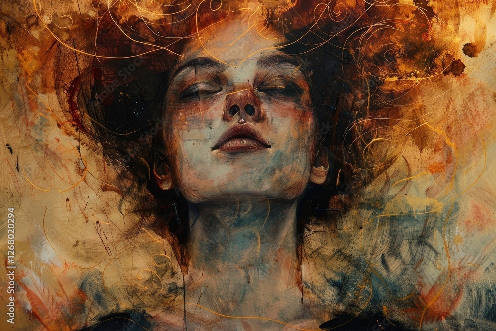 Poster artistic portrayal of a woman's face illuminated with vibrant colors, showcasing ethereal beauty and
