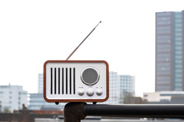Old-fashioned vintage radio street sky house retro white wooden outside
