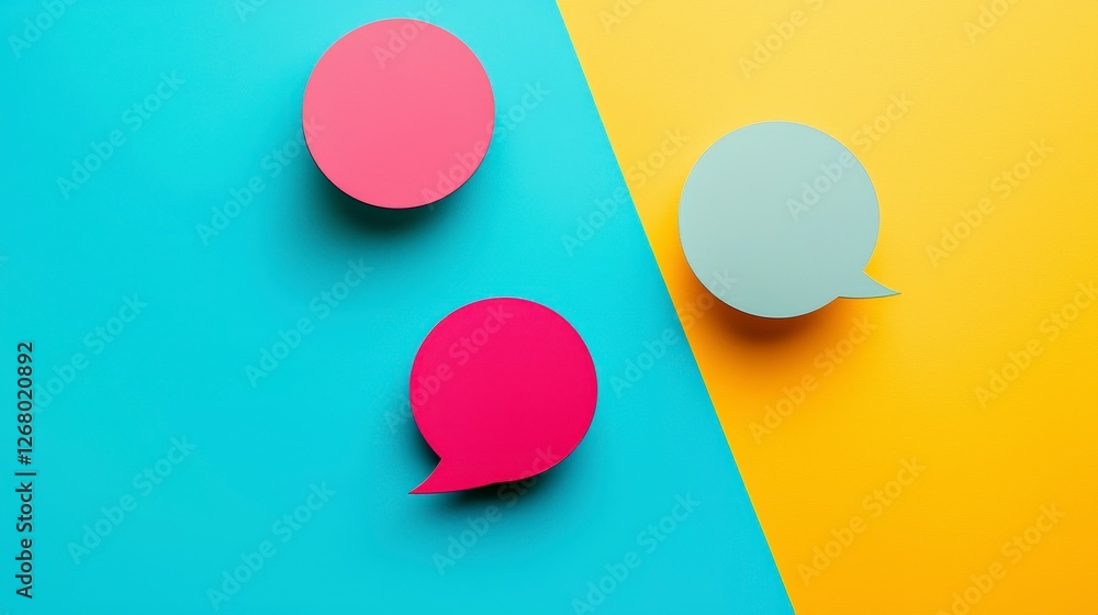 Poster the image highlights playful color contrasts with speech bubbles in focus, representing dynamic conv