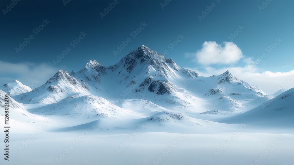 Wall mural Snowy mountain range, clear sky, winter landscape, travel poster