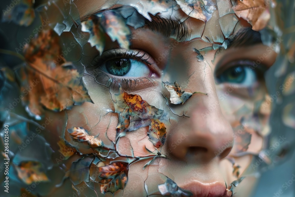 Poster Mysterious portrait of a woman with textured layers and abstract elements highlighting intricate emotions and contrasts