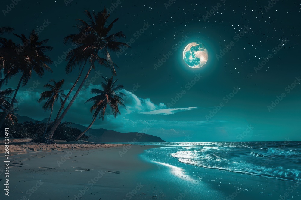 Aufkleber breathtaking night view of a beach with a glowing full moon reflecting on the calm ocean waters bene