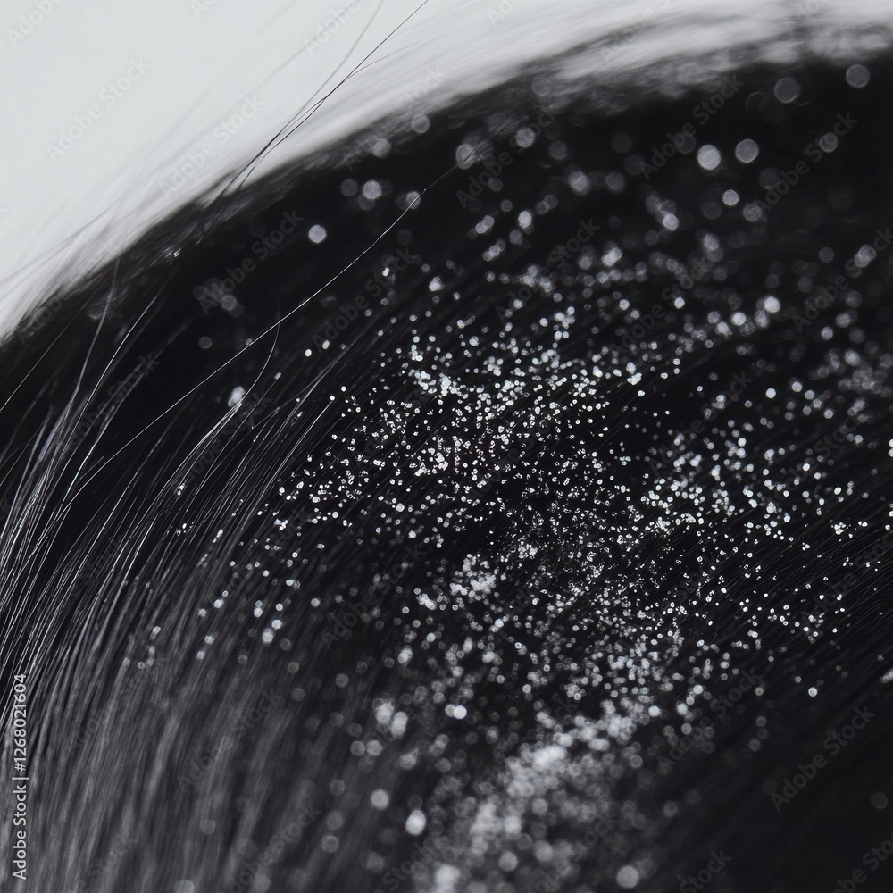 Poster close up view of dandruff flakes on dark hair strands showing scalp condition and texture details. g
