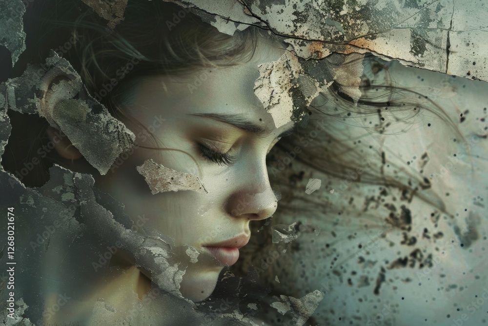 Poster Mysterious portrait of a woman with textured layers and abstract elements highlighting intricate emotions and contrasts