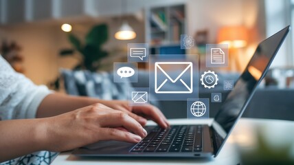 Fototapeta premium Woman typing on a laptop surrounded by communication icons